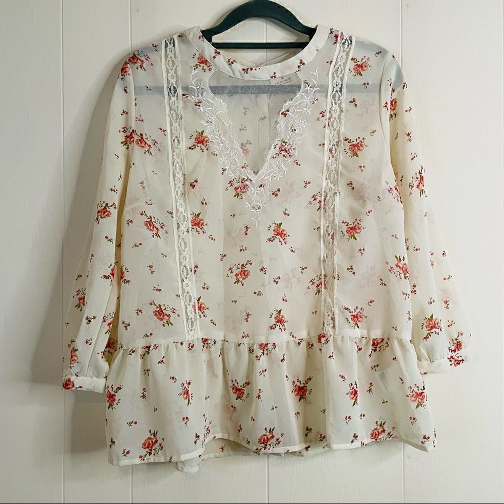 Pins and Needles Sheer Ivory Floral Peplum Top